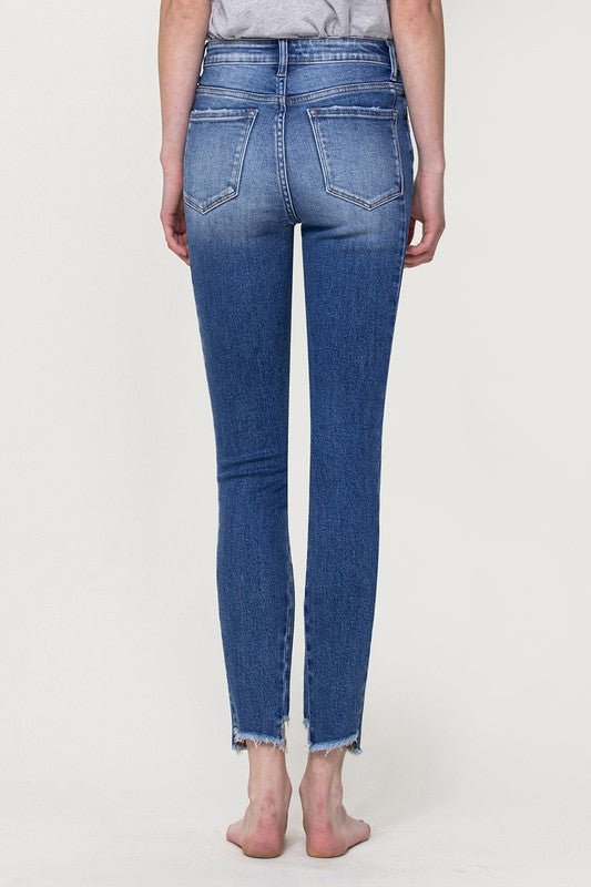 High Rise Ankle Skinny with Uneven Hem Detail - Flying Monkey