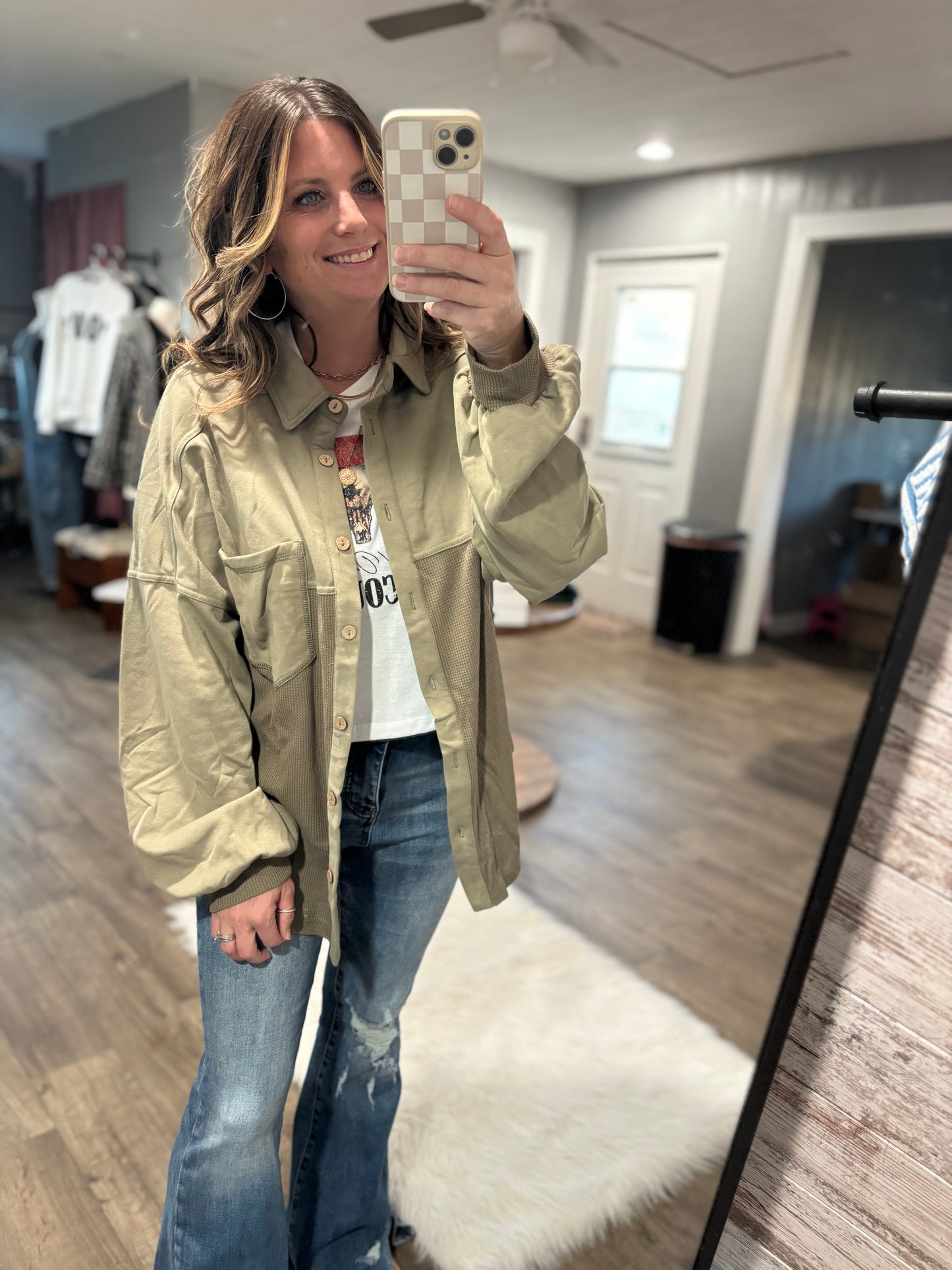 Kayla Patchwork Olive Shacket