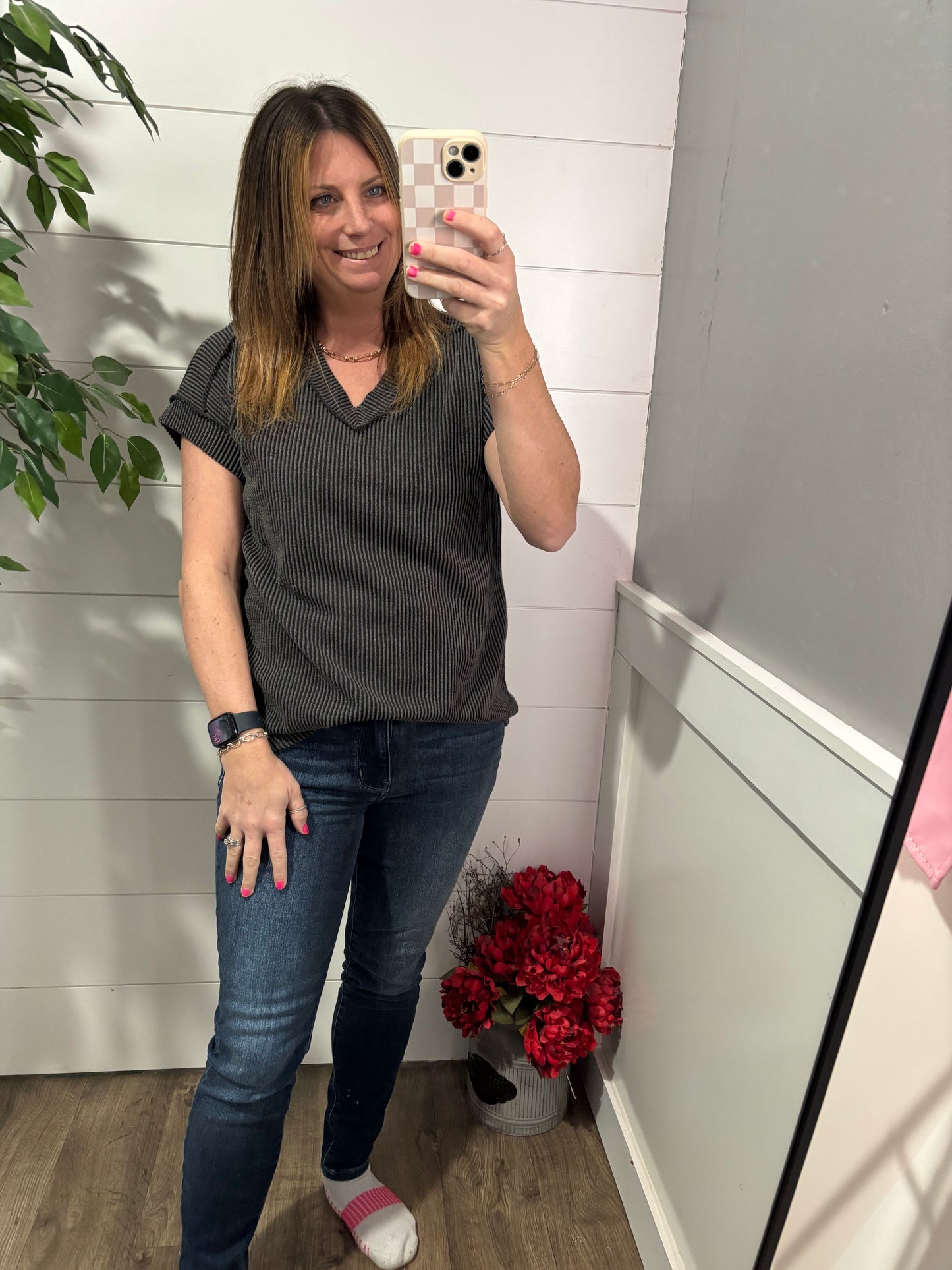 Moments to Cherish Ribbed Top - charcoal