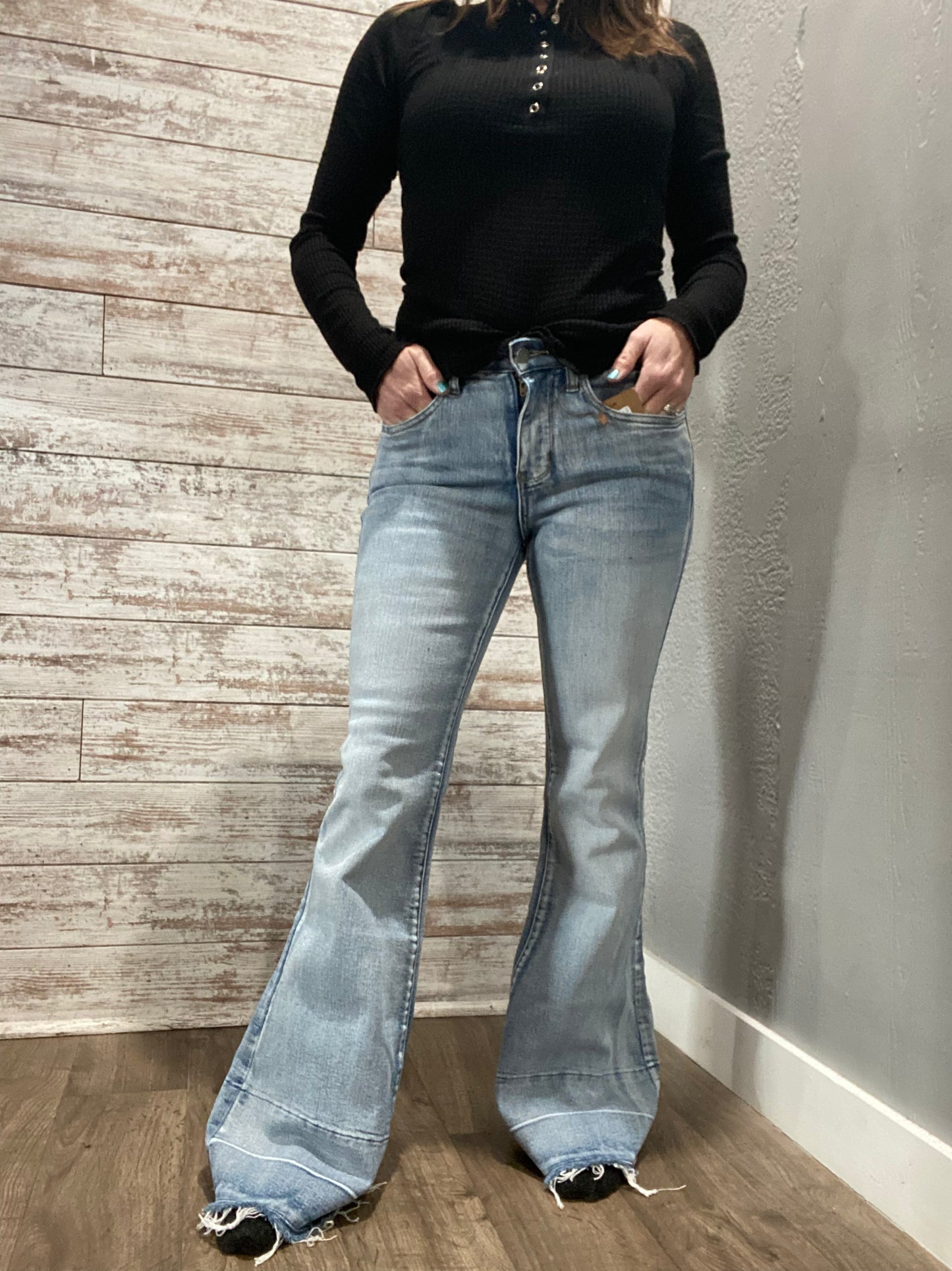 Romi Tummy Control Distressed Flare Jeans