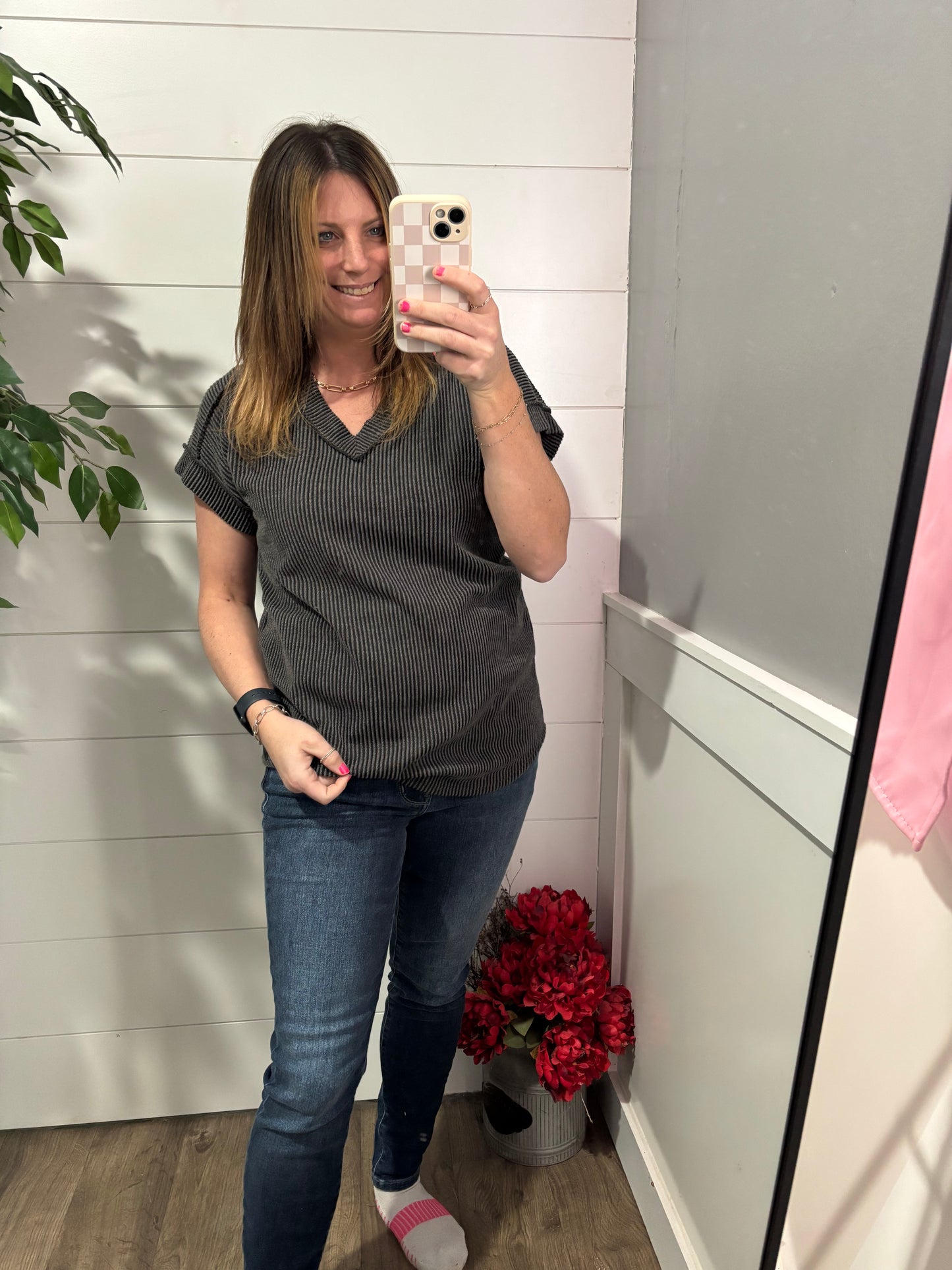 Moments to Cherish Ribbed Top - charcoal