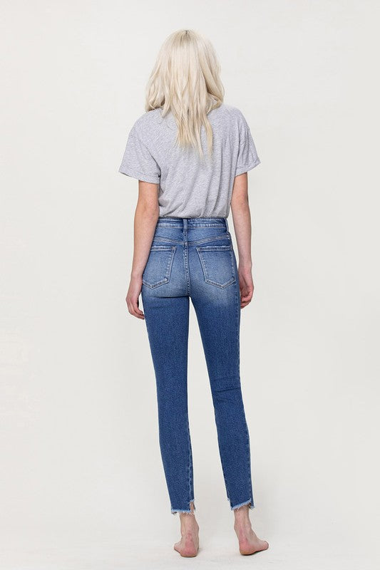 High Rise Ankle Skinny with Uneven Hem Detail - Flying Monkey