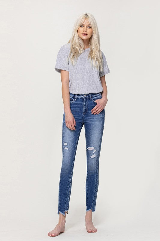 High Rise Ankle Skinny with Uneven Hem Detail - Flying Monkey