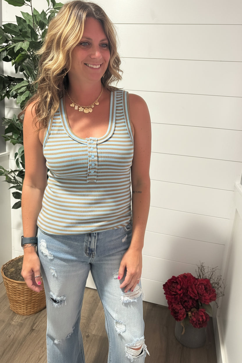 Waiting for You Scooped Neck Tank in Blue and Tan