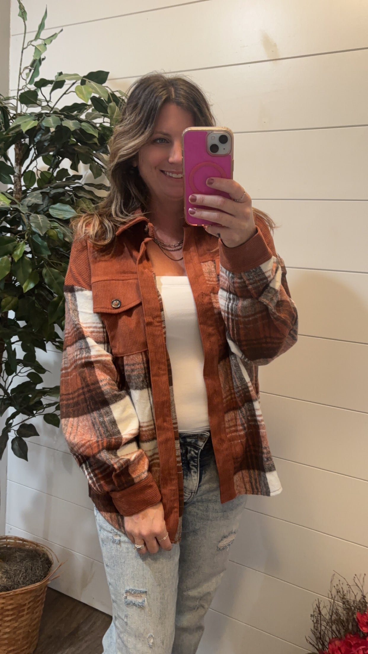 Cinnamon Plaid Corduroy Patchwork Chest Pocket Shacket