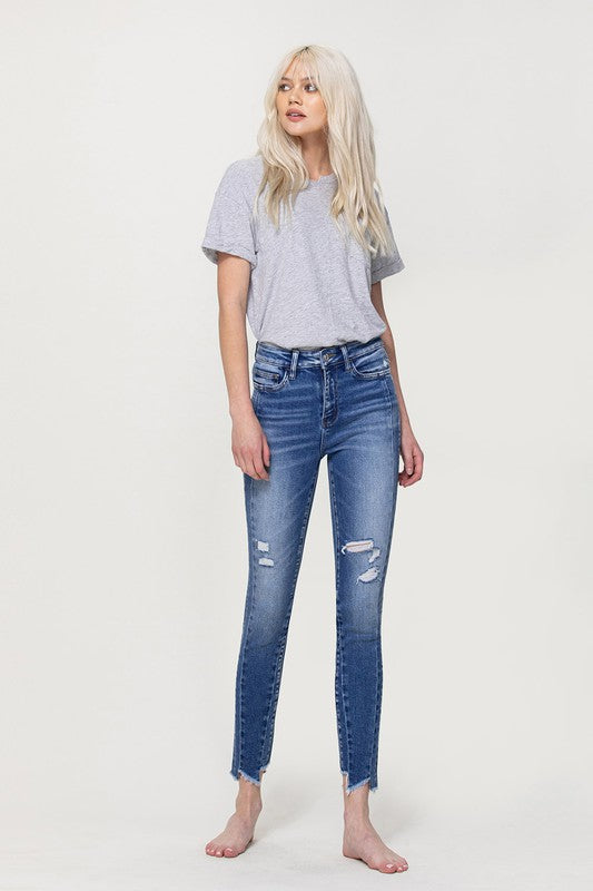 High Rise Ankle Skinny with Uneven Hem Detail - Flying Monkey