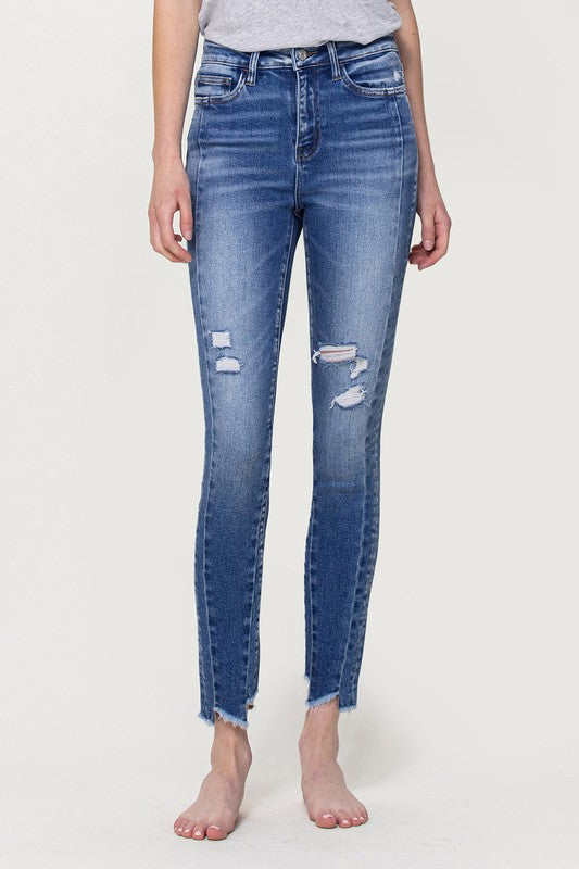 High Rise Ankle Skinny with Uneven Hem Detail - Flying Monkey