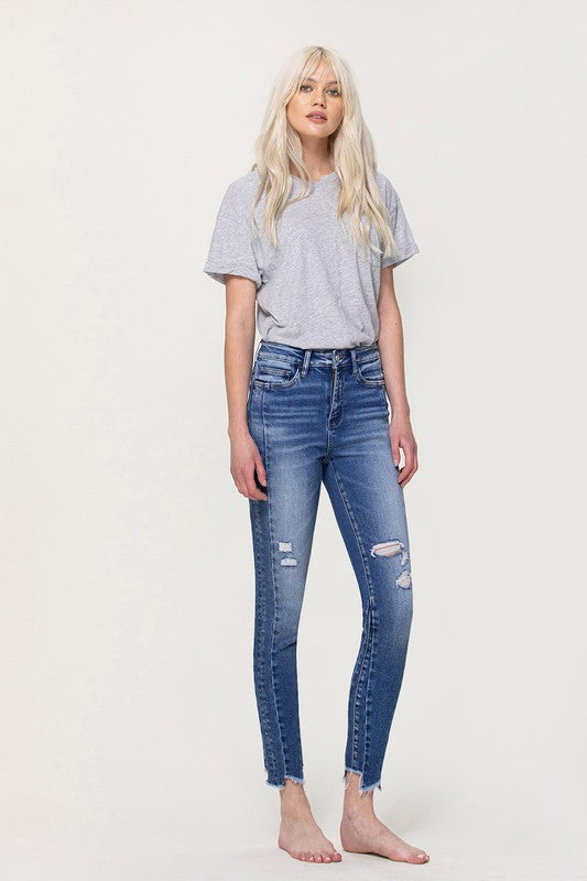High Rise Ankle Skinny with Uneven Hem Detail - Flying Monkey