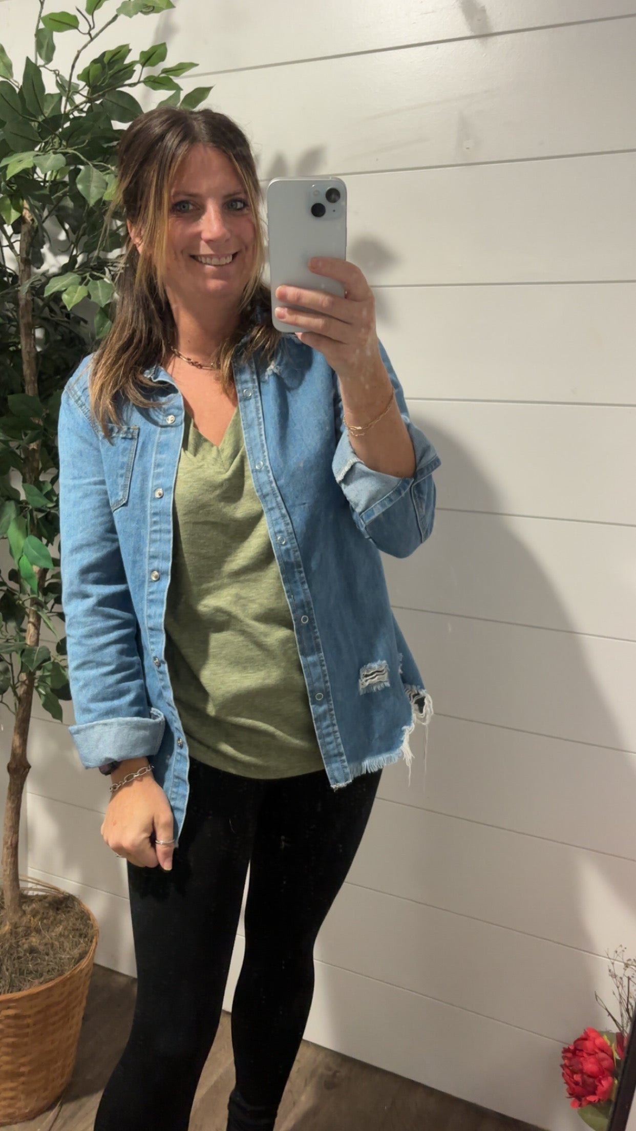 Distressed Denim Shacket - medium wash