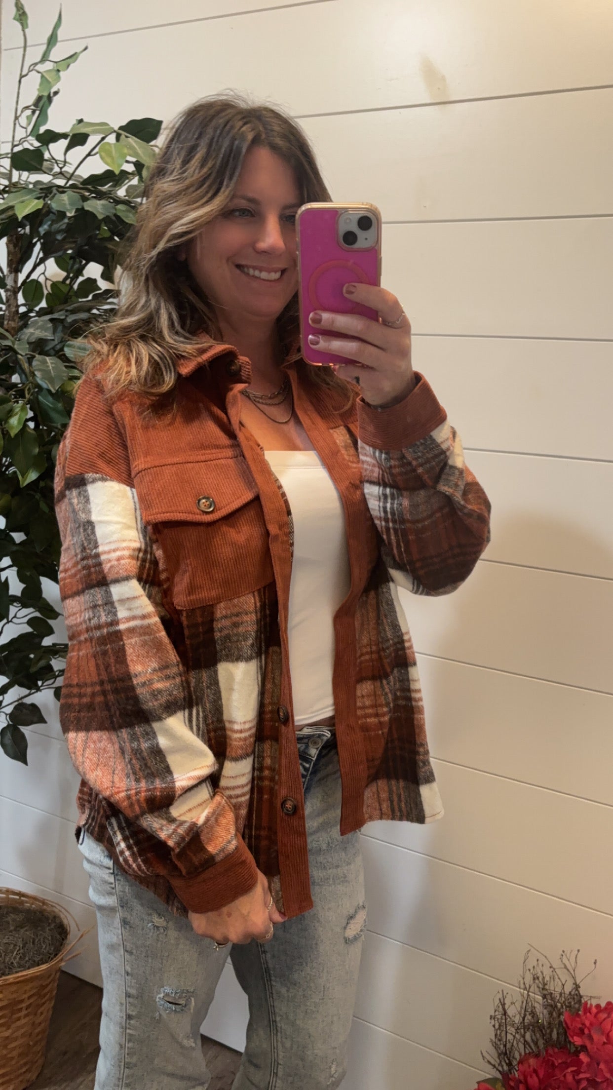 Cinnamon Plaid Corduroy Patchwork Chest Pocket Shacket
