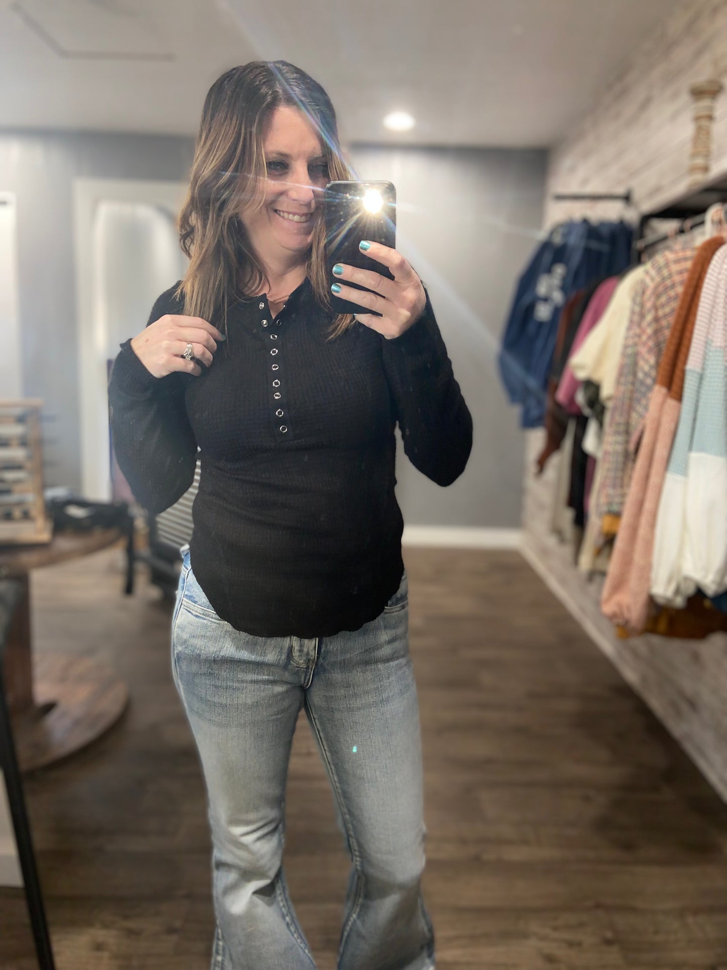 Waffle Snap Button Down Henley Top - black