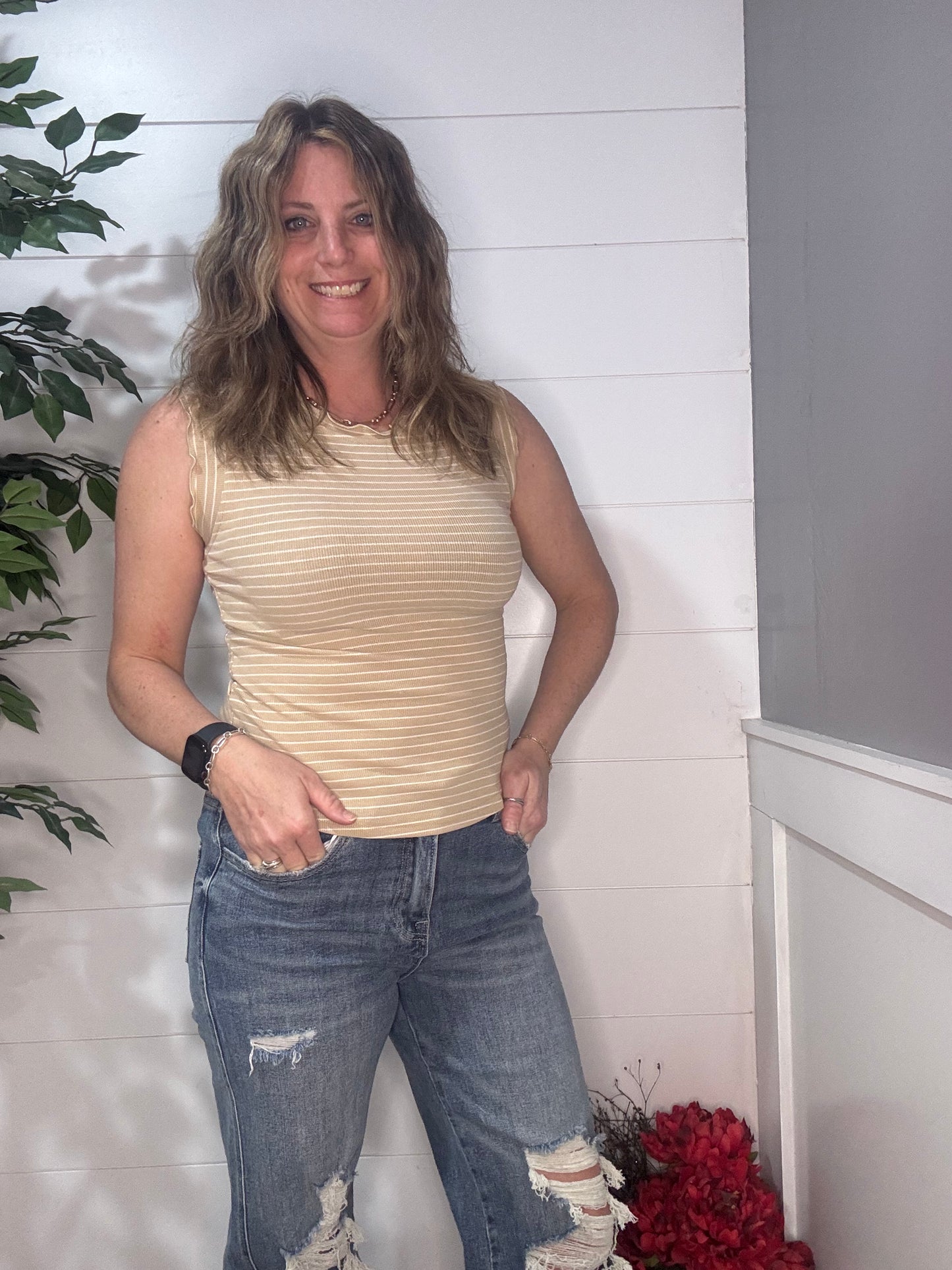 Brushed Stripe Ruffle Sleeve Top