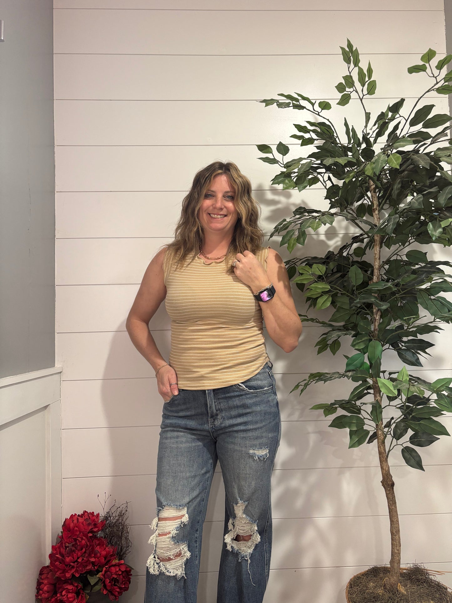 Brushed Stripe Ruffle Sleeve Top