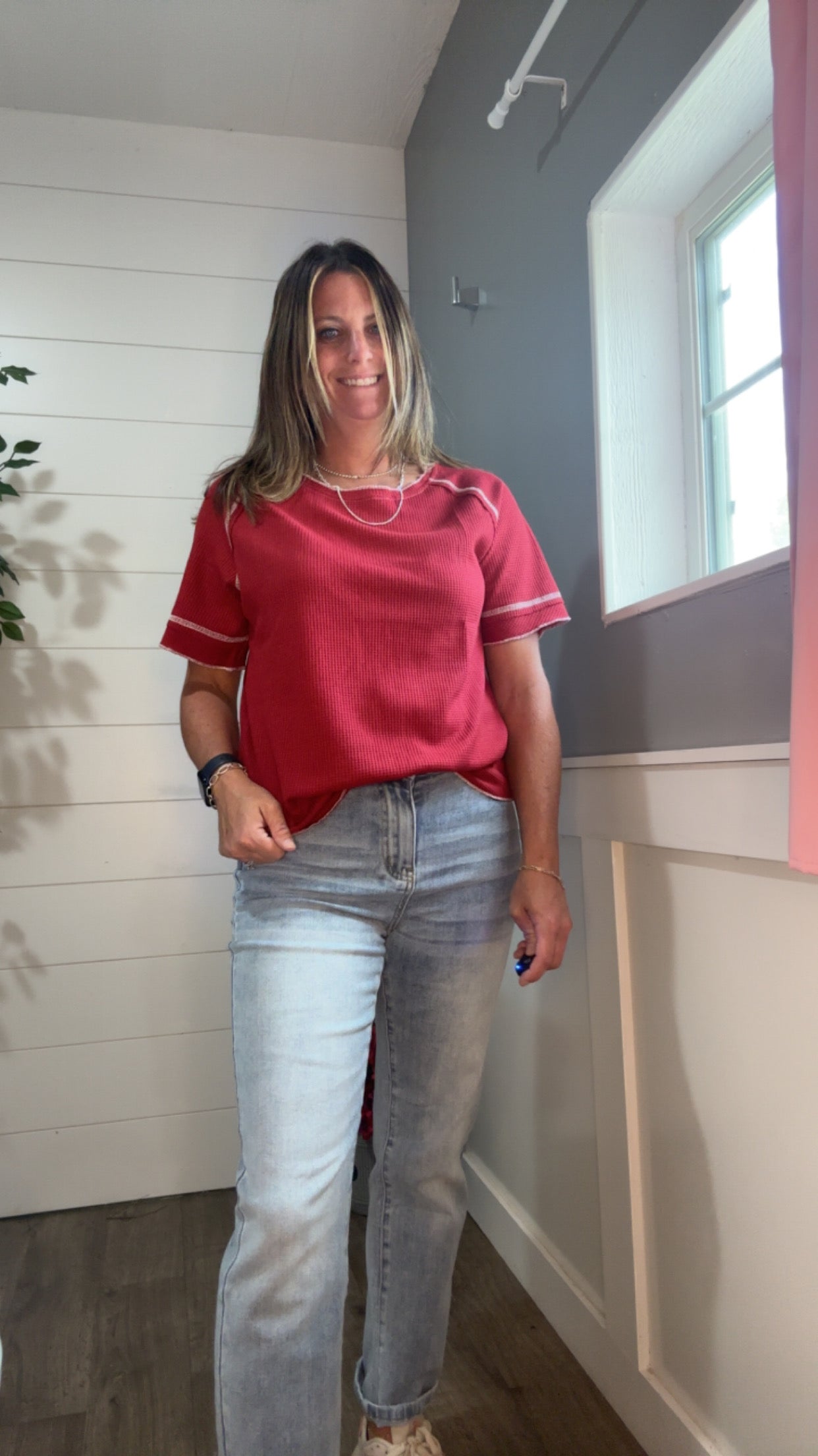 Heartbreaker Waffle Knit Tee in Cranberry