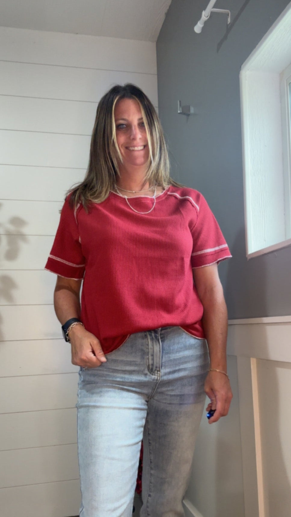 Heartbreaker Waffle Knit Tee in Cranberry