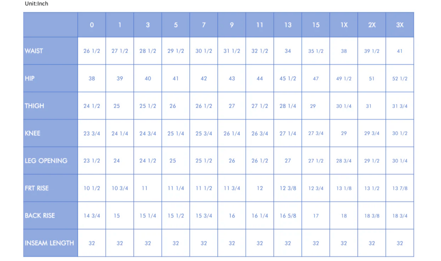 Measurement chart for clothing sizes in inches