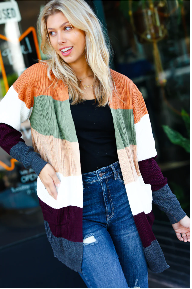 Perfectly You Plum & Olive Color Block Open Cardigan