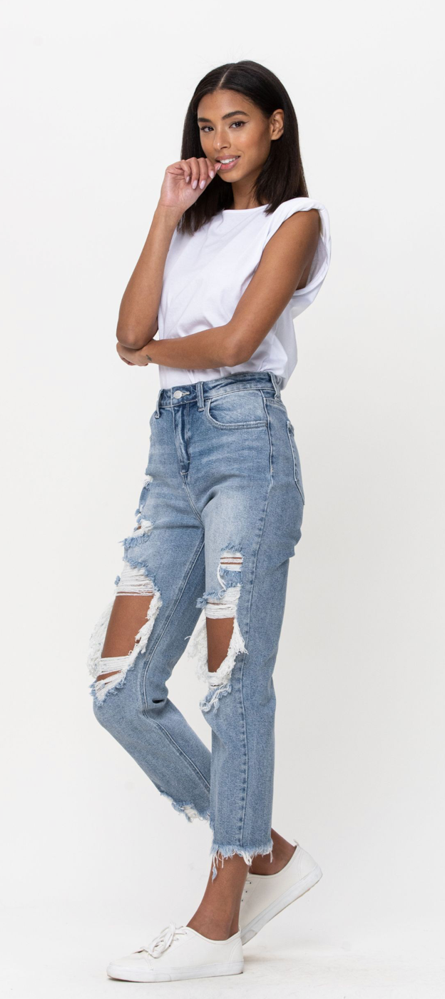 Cello High Rise Distress Light Blue Crop Straight