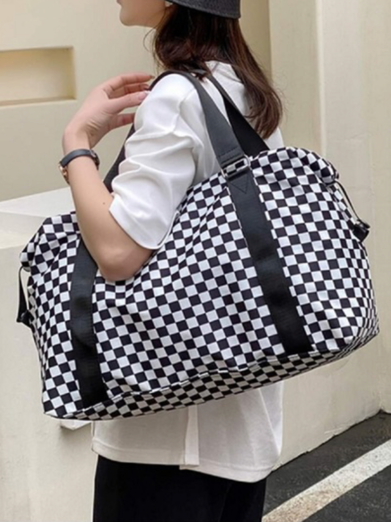 Checkered Weekend Duffle Bag - Black and white