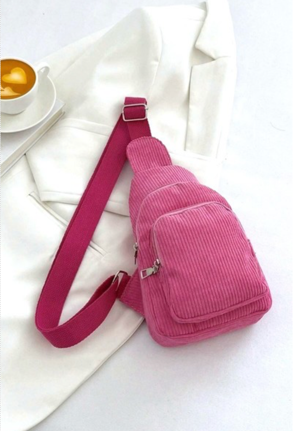 CORDUROY VINTAGE DOUBLE POCKET CROSSBODY SLING BAG - PINK