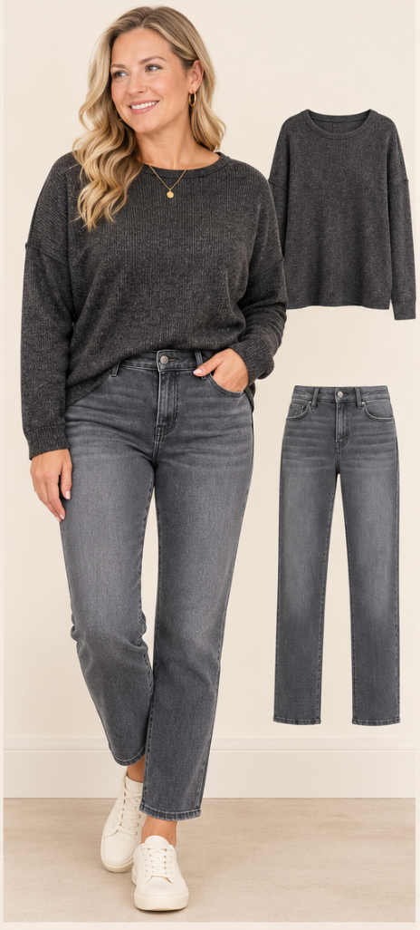 Charcoal Days Mid-Rise Straight-Leg Jeans by VERVET