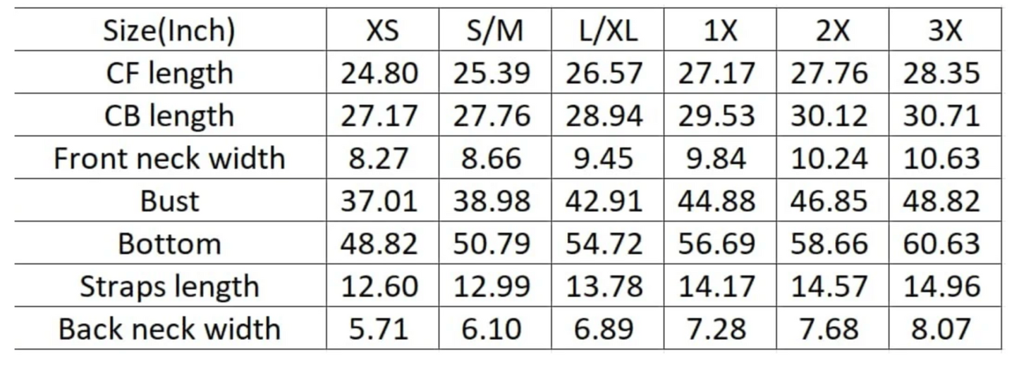Measurement chart for clothing sizes XS to 3X with dimensions in inches.