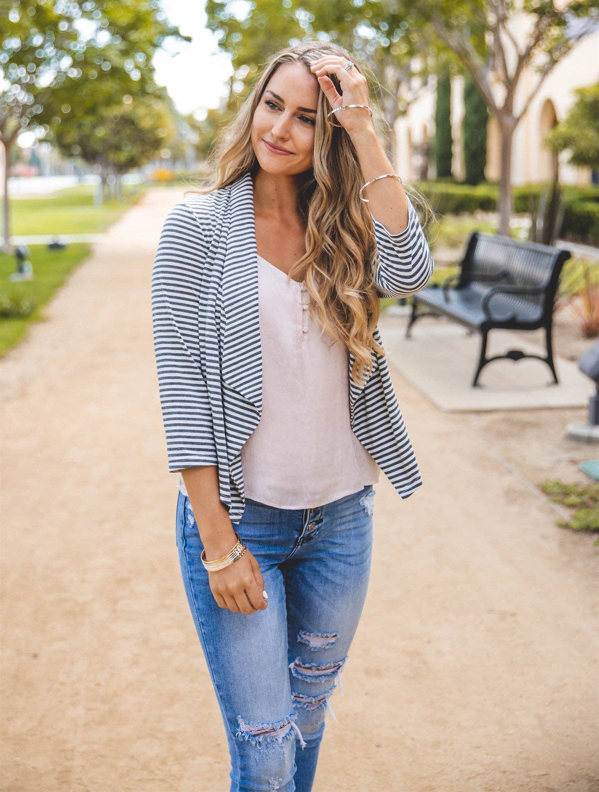 Soft 3/4 Sleeve Rae Blazer: Charcoal Stripe / Large
