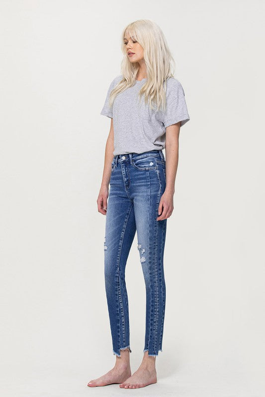 High Rise Ankle Skinny with Uneven Hem Detail - Flying Monkey