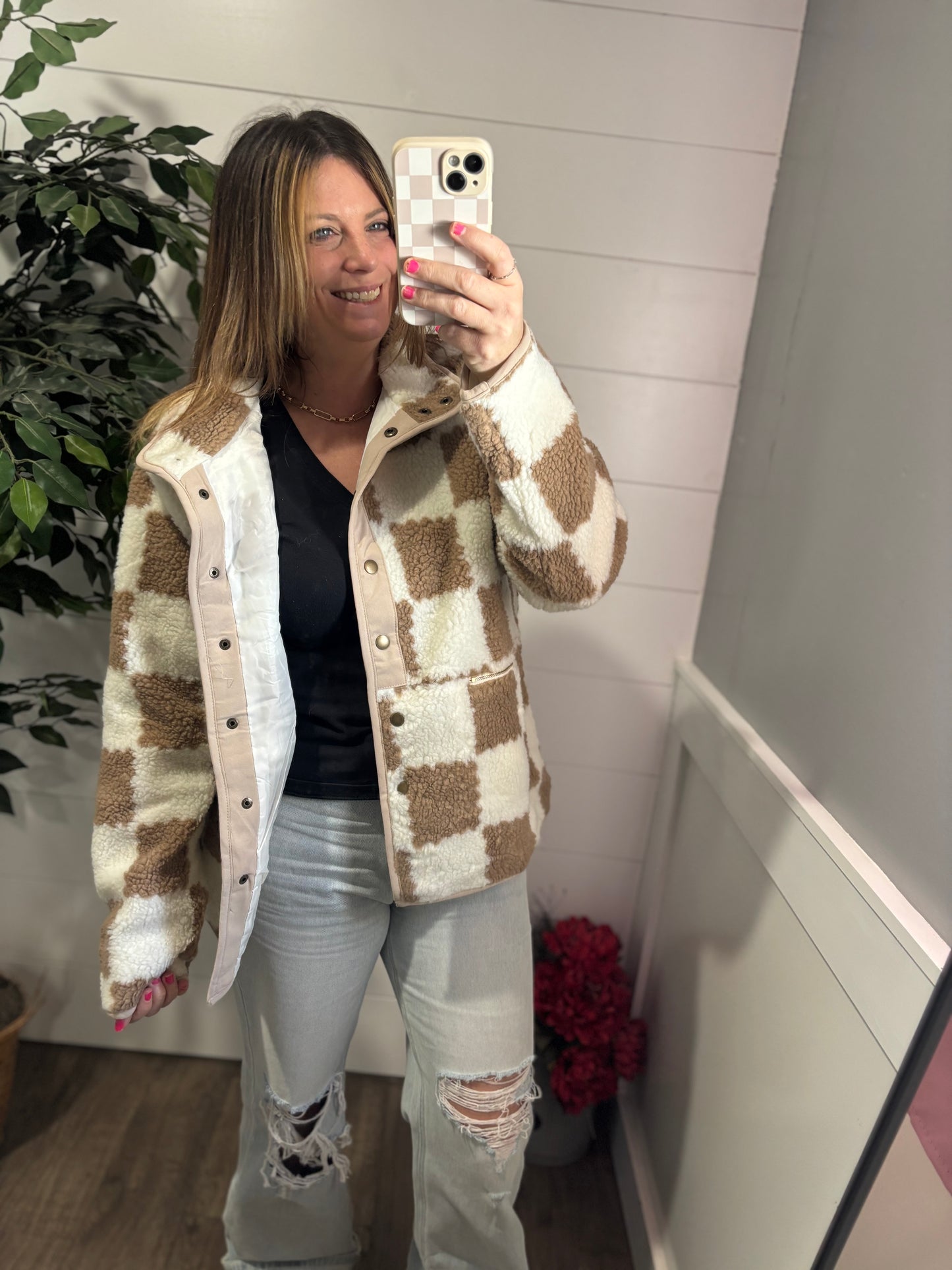 Classic Checkered Snap Button Sherpa