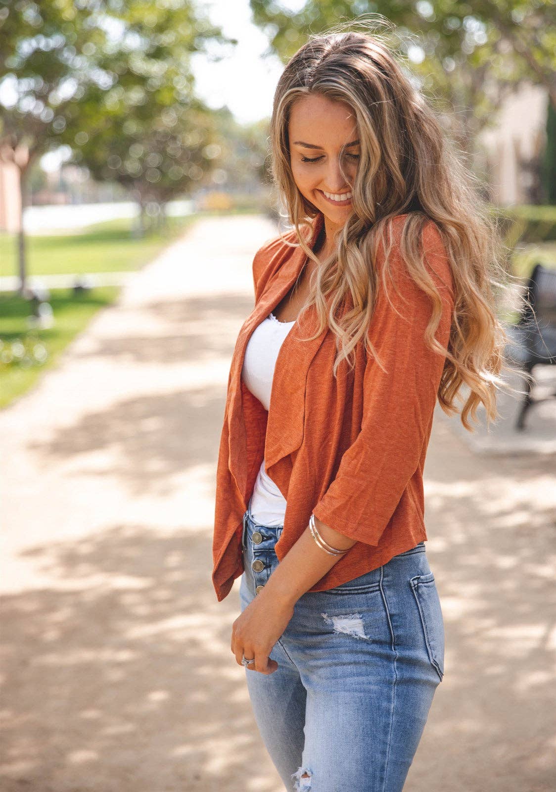 Soft 3/4 Sleeve Rae Blazer: Charcoal Stripe / Large