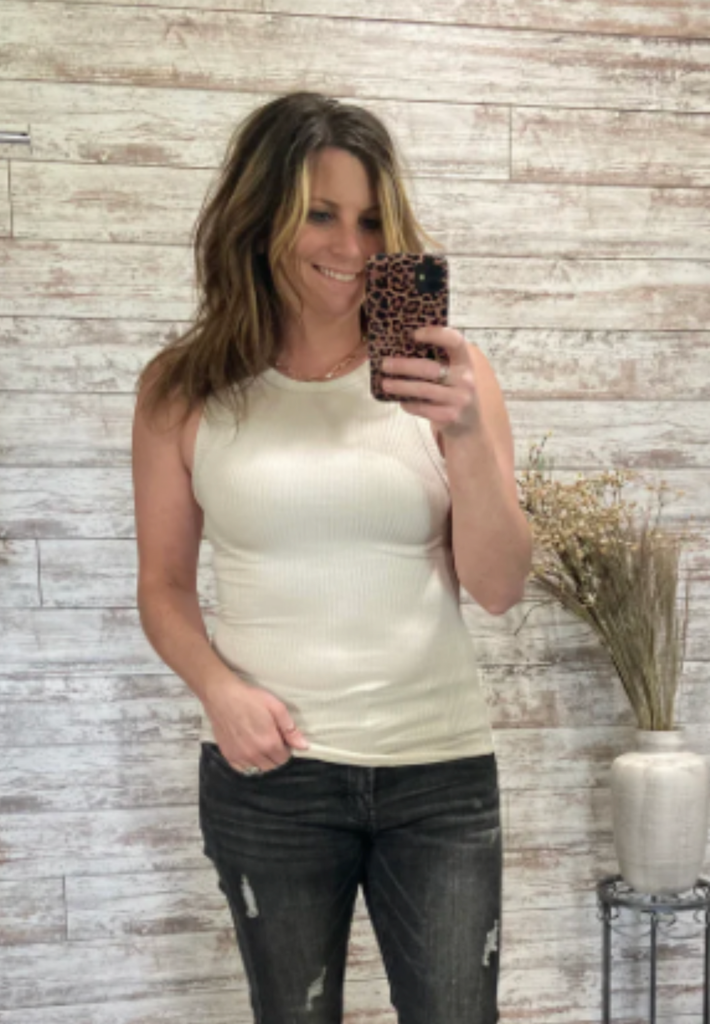 Basic High Neck Ribbed Tank Top - Sand Beige