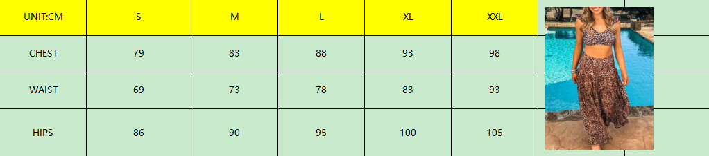 Measurement chart for chest, waist, and hips with size labels and a person wearing a patterned outfit by a pool.