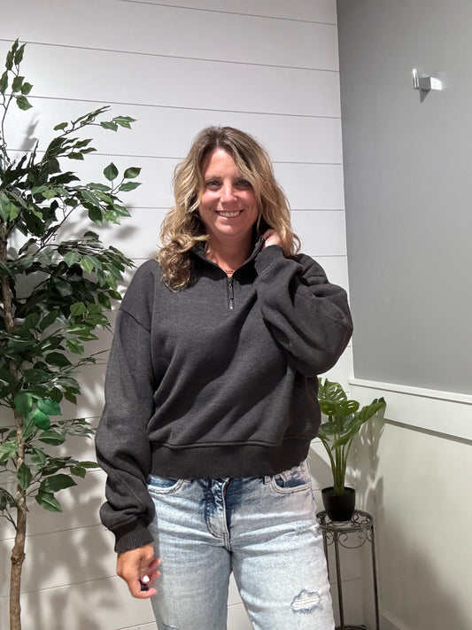 On Trend Dark Gray Half Zip Cropped Pullover
