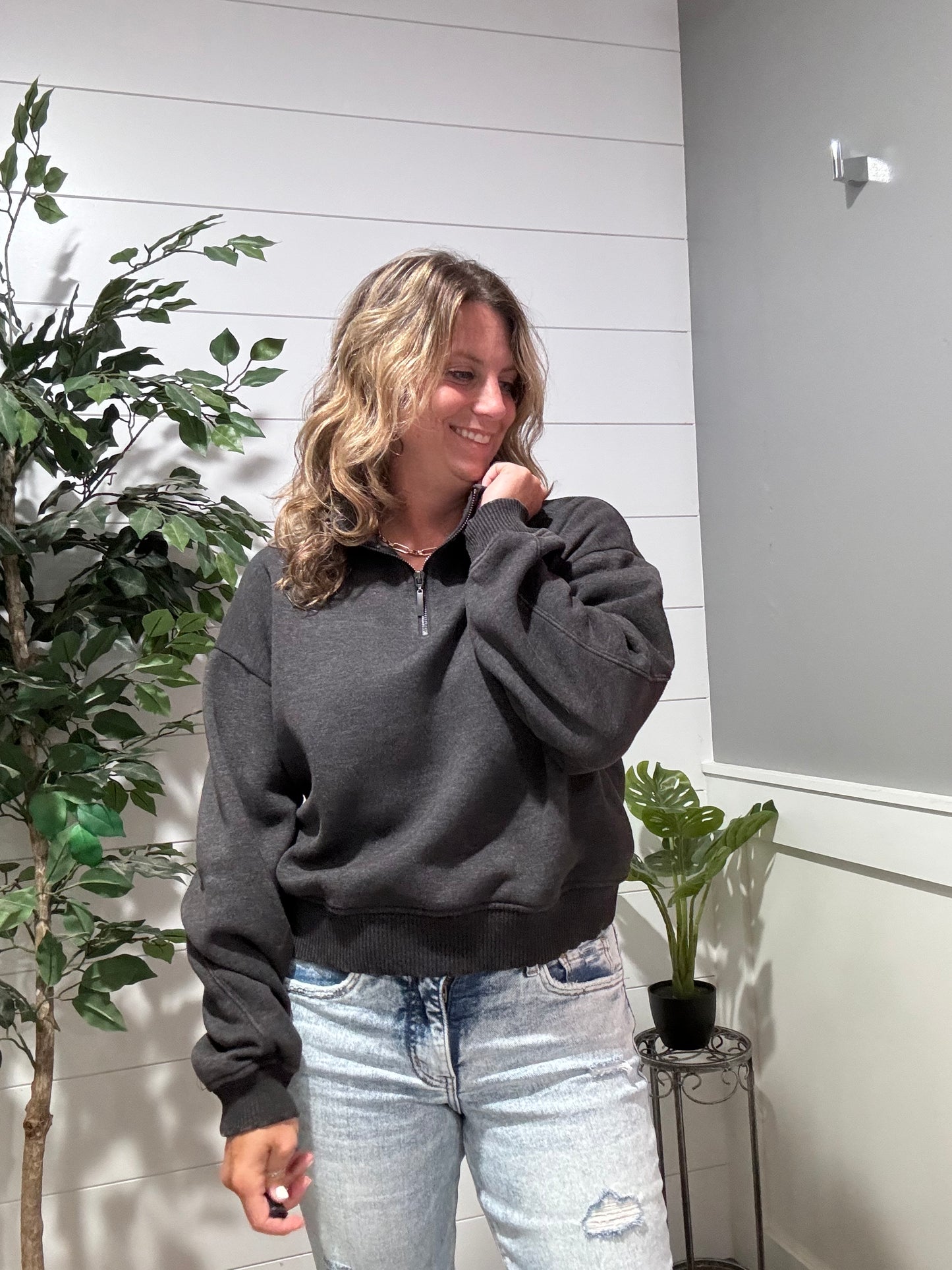 On Trend Dark Gray Half Zip Cropped Pullover