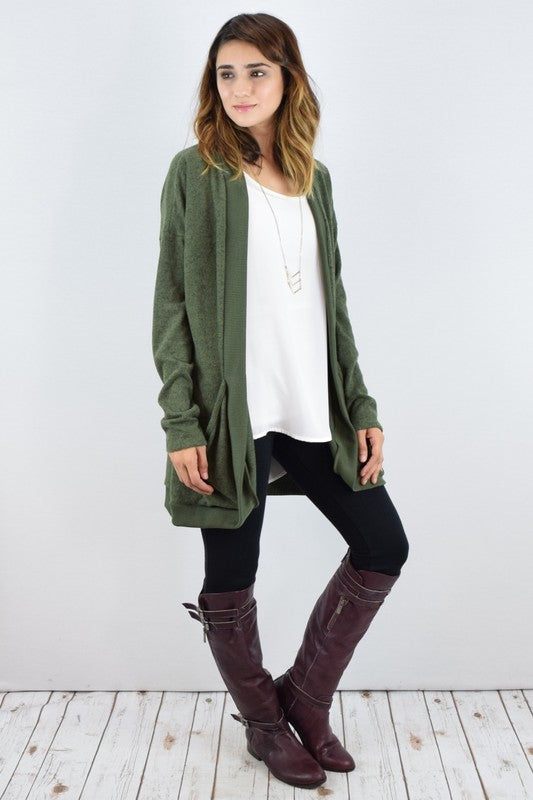 Olive Solid Drape Pocket Cardigan