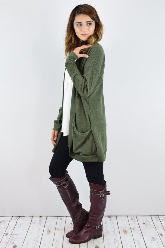 Olive Solid Drape Pocket Cardigan