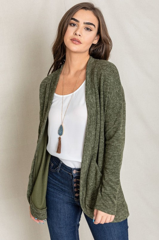 Olive Solid Drape Pocket Cardigan