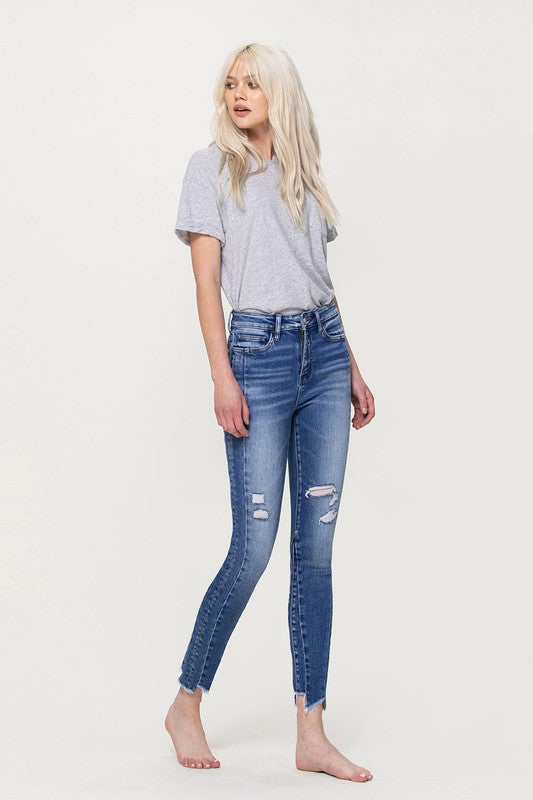 High Rise Ankle Skinny with Uneven Hem Detail - Flying Monkey