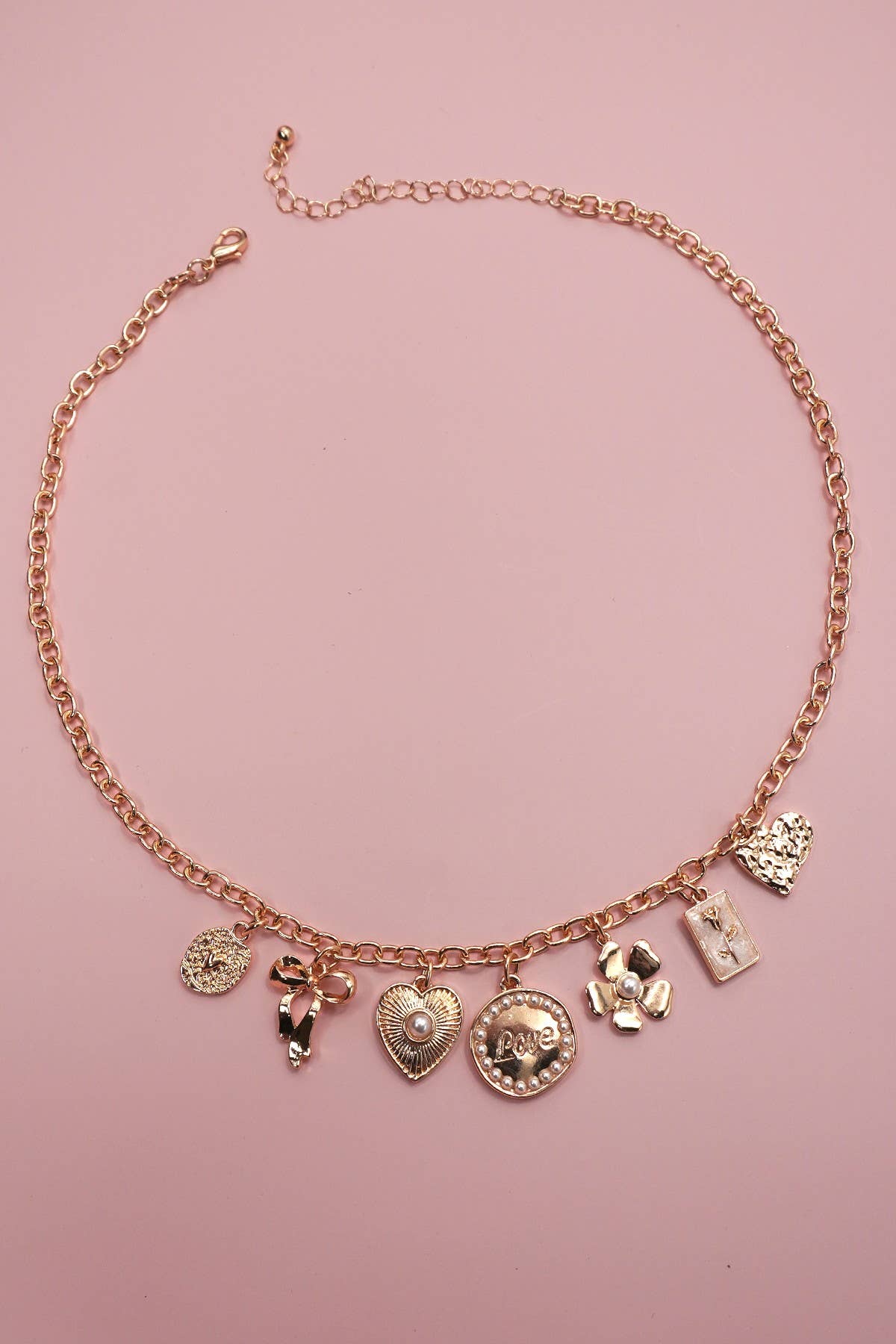 CHARM NECKLACE-BOW LOVE FLOWER HEART | 80N1346: Gold