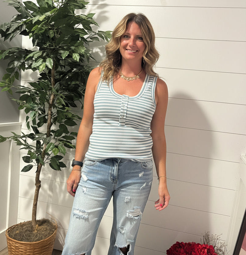 Waiting for You Scooped Neck Tank in Blue and White