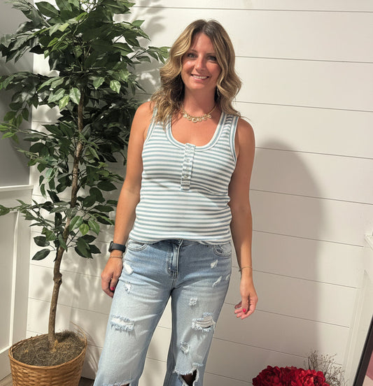 Waiting for You Scooped Neck Tank in Blue and White