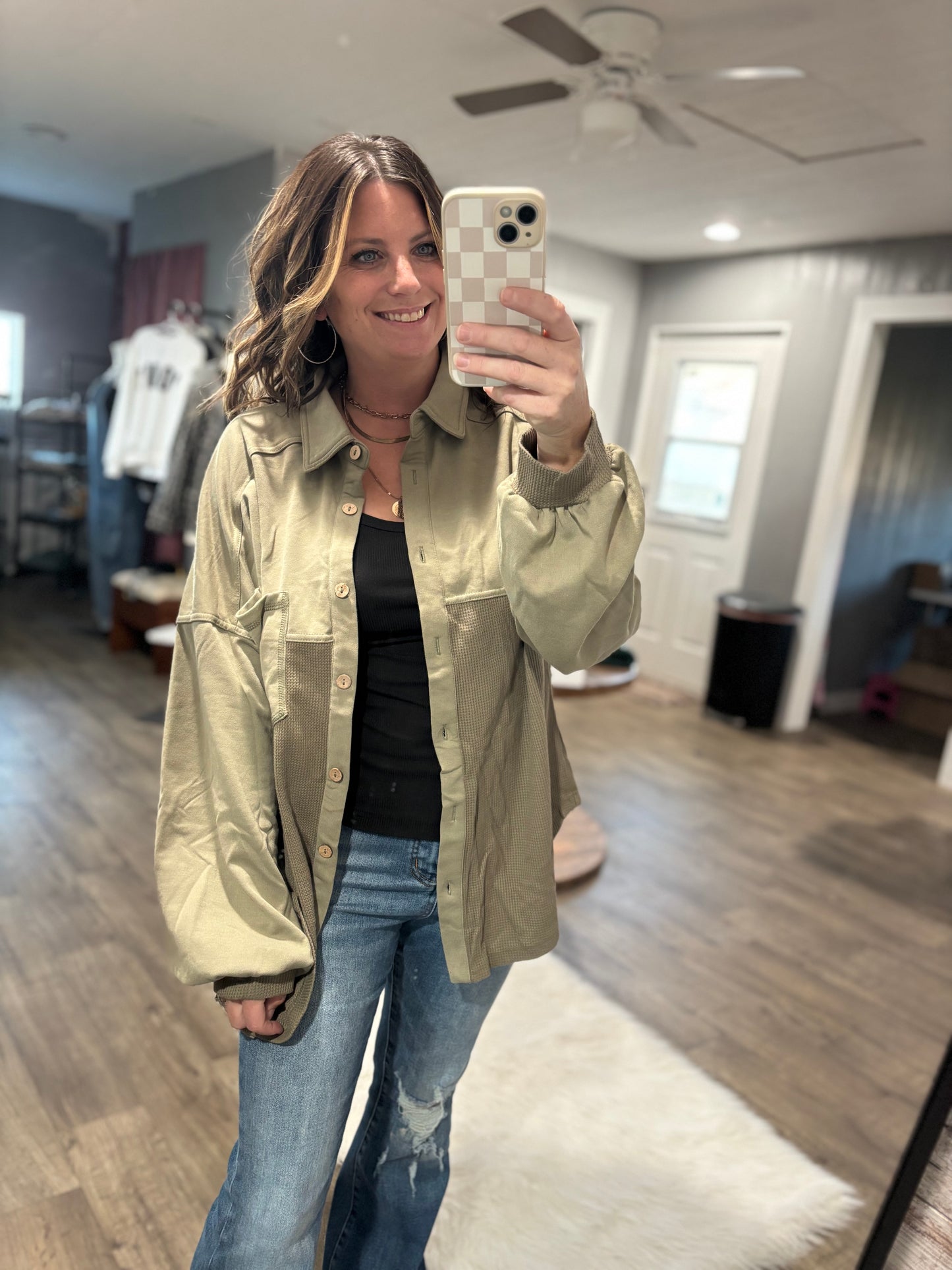 Kayla Patchwork Olive Shacket