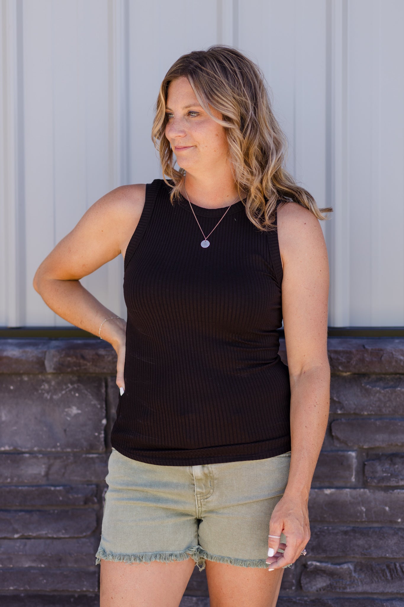 Basic High Neck Ribbed Tank Top - Black