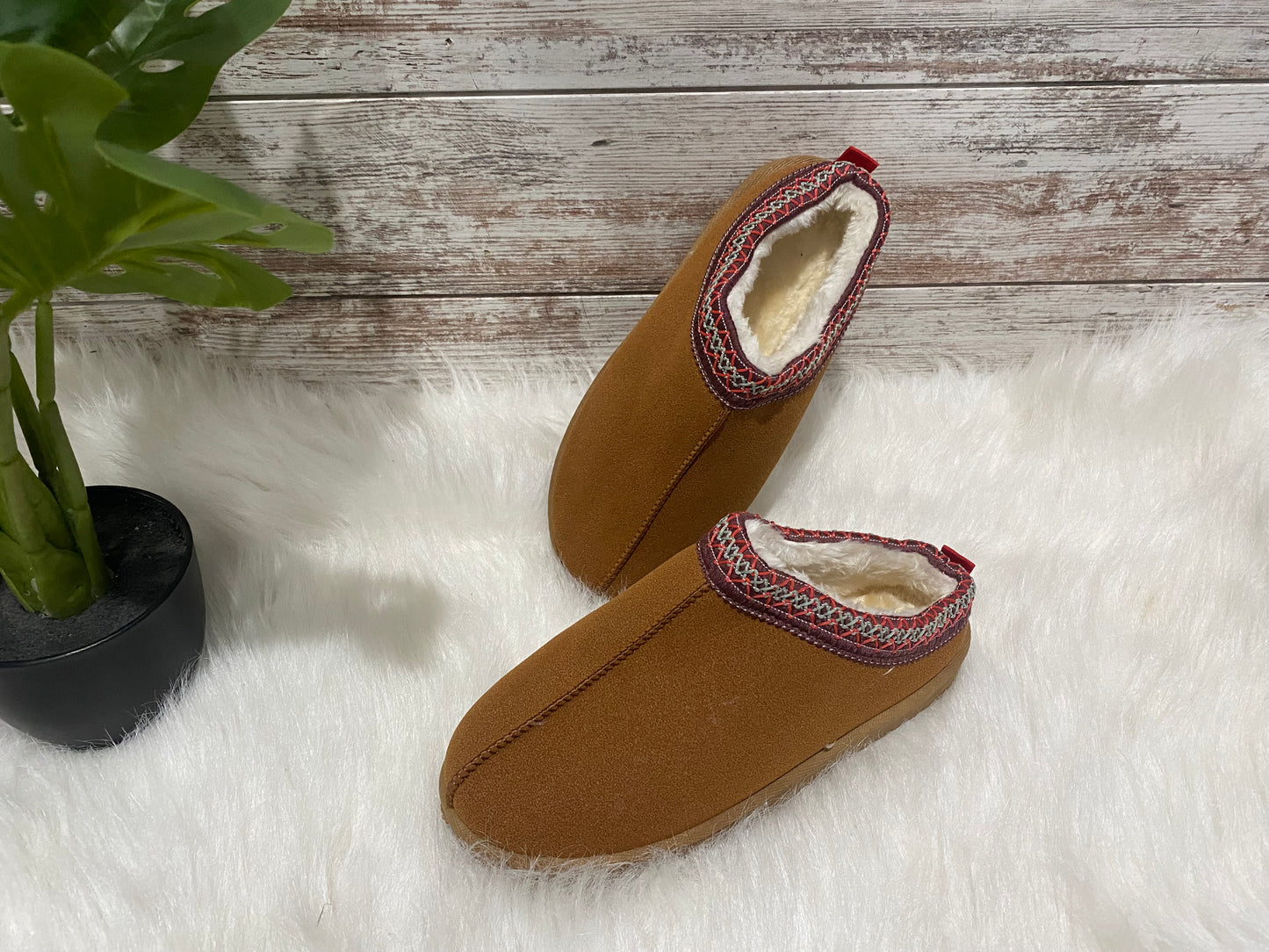 Fur Lined Slip On Shoes - red trim