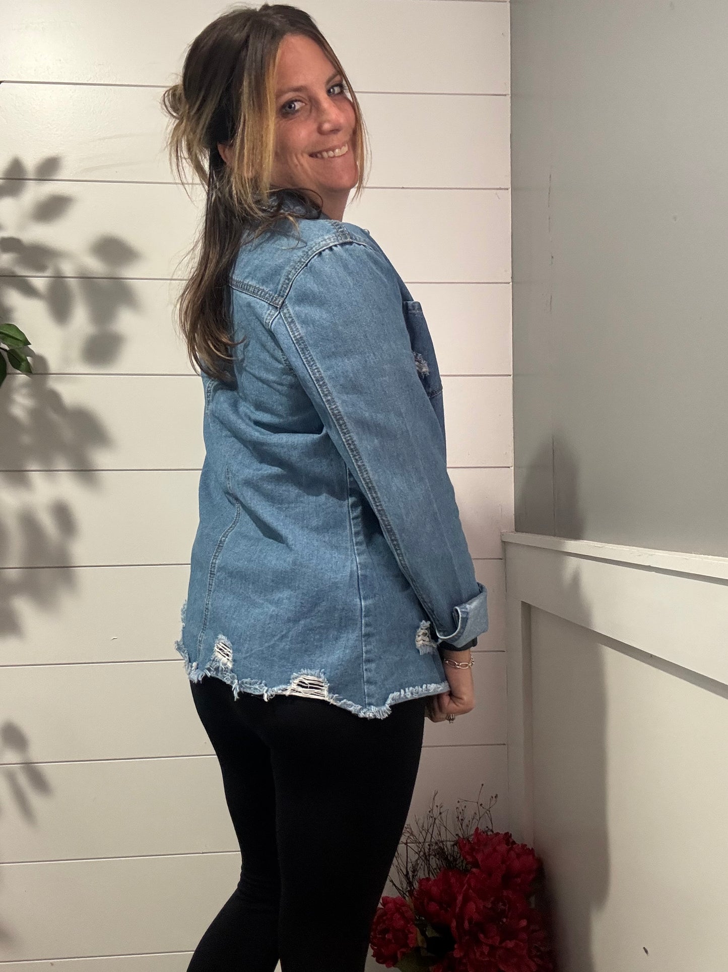 Distressed Denim Shacket - medium wash