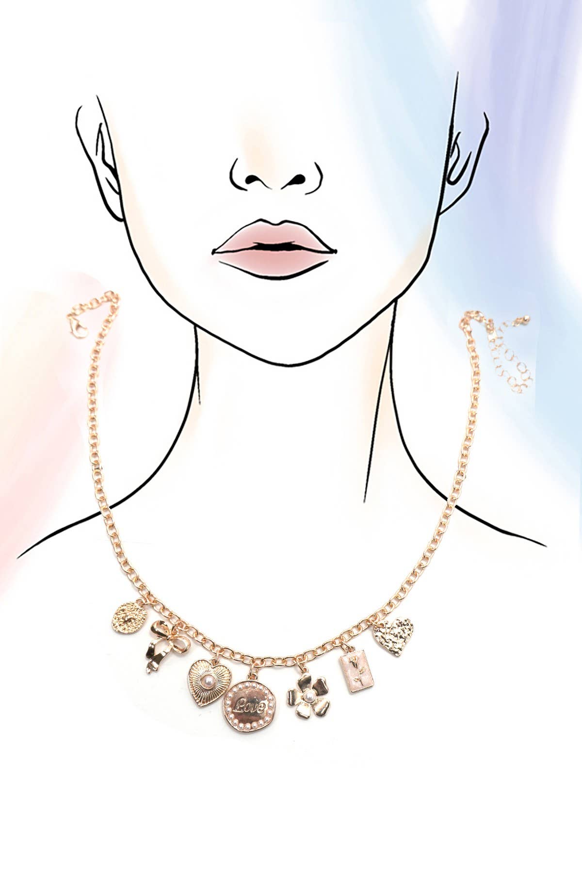 CHARM NECKLACE-BOW LOVE FLOWER HEART | 80N1346: Gold