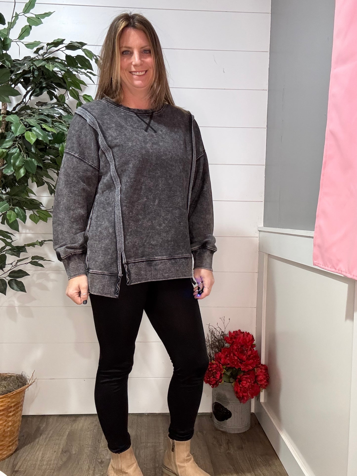 Mineral Washed French Terry Oversized Knit Top