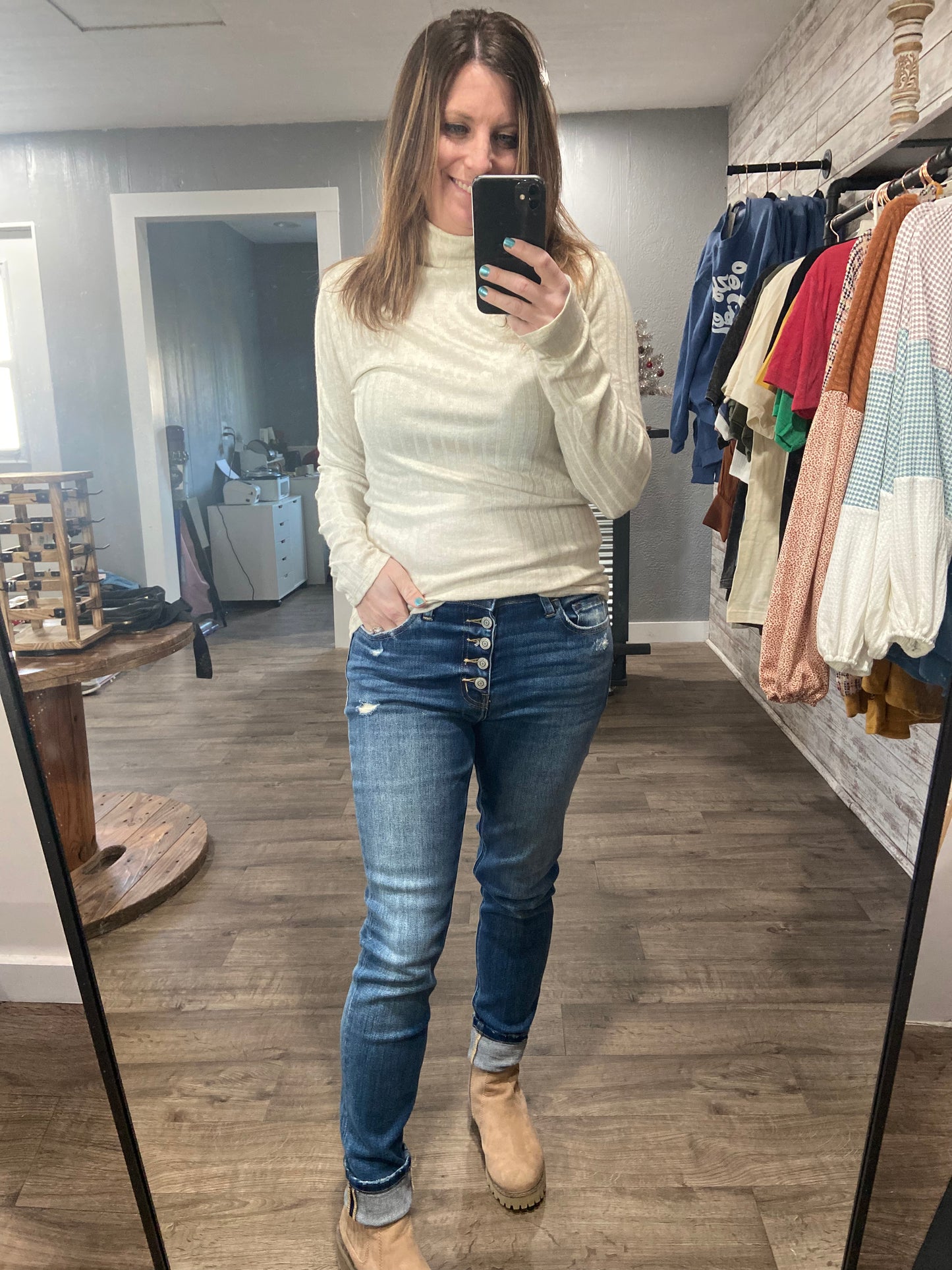 Subtle and Sweet Ribbed Turtle Neck Top - Sand Beige