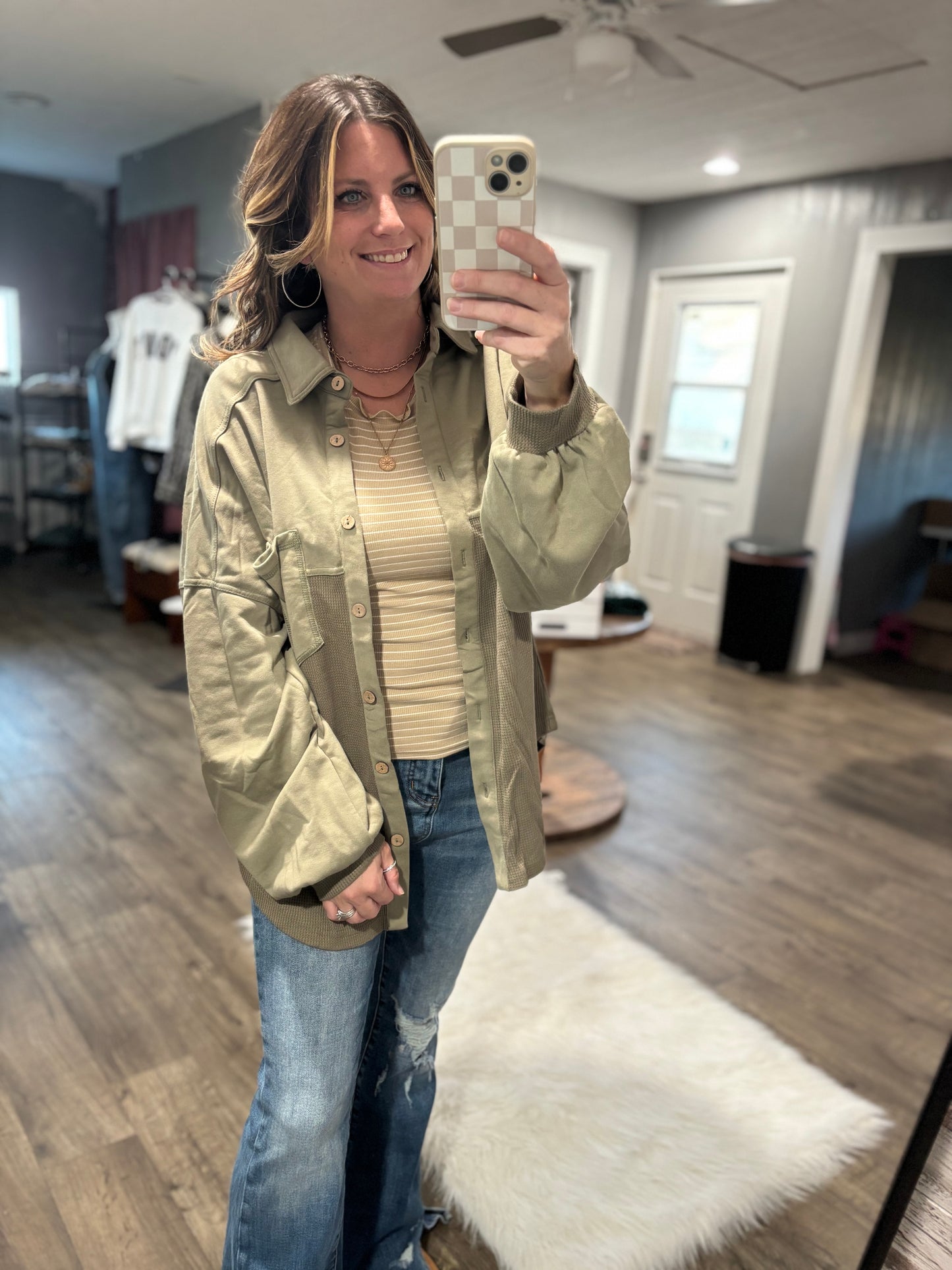 Kayla Patchwork Olive Shacket