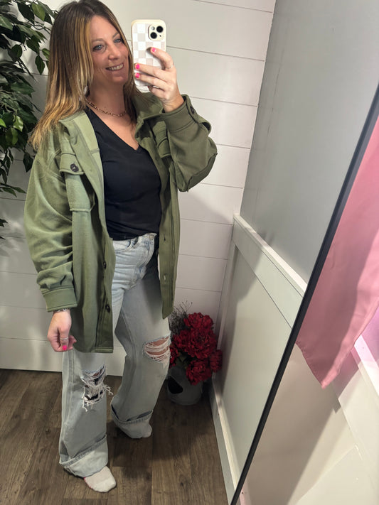 Gone Like Yesterday Oversized Fleece Shacket - olive